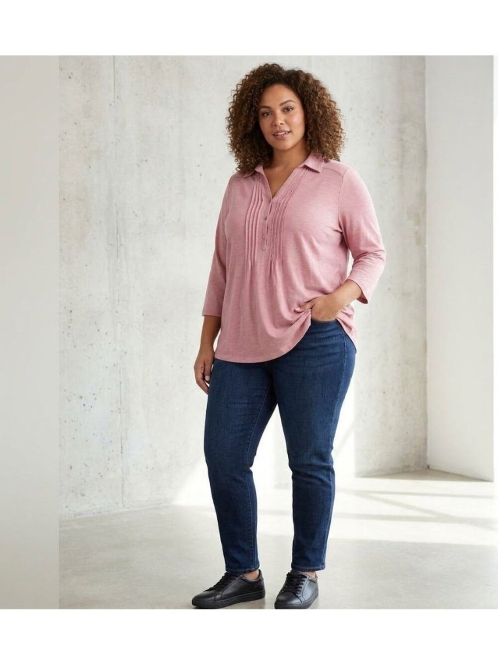 Woman Within Pink 3/4 Sleeve Pleated Front Shirt 1X Cotton Blend
